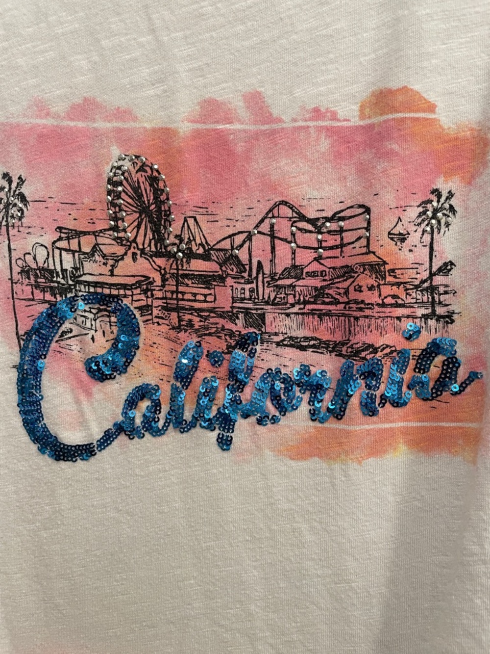 White ‘California’ Tank Top with Pink, Orange & Blue Graphic